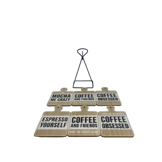 set-of-six-coffee-slogan-coasters-on-metal-stand